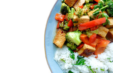Stir fried vegetables with tofu white rice  isolated on transparency photo png file 