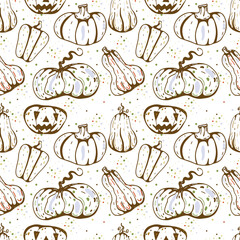 Autumn seamless vector pattern with pumpkins and fall leaves. Hand drawn illustration.