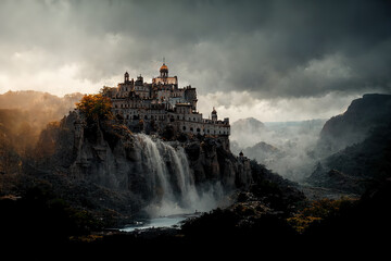 Painting of a castle on top of a mountain above a waterfall. - obrazy, fototapety, plakaty