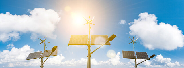 Wind turbines solar panels banner. Renewable photovoltaic technology with solar energy power panel...