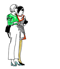 Vector sketch of two women, shopping and sale, illustration  - 532115630
