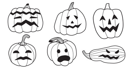 Set of pumpkins in doodle sketch style. Halloween pumpkins with carved eyes, mouths, with different faces, emotions. Elements for celebrating party, creating flyer, poster, banner. Fear, cry, smile