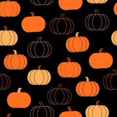 Seamless pattern with orange pumpkins on black background. Colorful autumn texture for print, textile, fabric, packaging. Vector illustration.