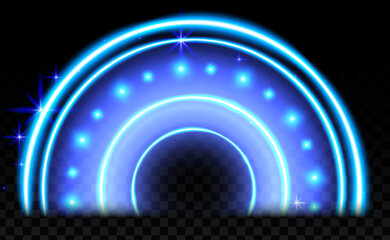 Blue magic arc. Abstract magic light effect. Luminous neon arch lines with flying lights.