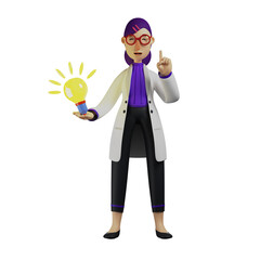 3D illustration. Cartoon Female Doctor Happy Face 3D has an idea. pointing at the lamp in his hand. with a laughing expression. 3D Cartoon Character