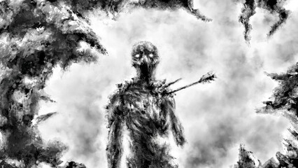 Fototapeta premium Scary zombie with an arrow sticking out of his chest. Spooky dead man comes out fog and looks evil eyes. Creepy demon illustration. Horror fantasy genre. Gloomy character from nightmare. Hell visions.