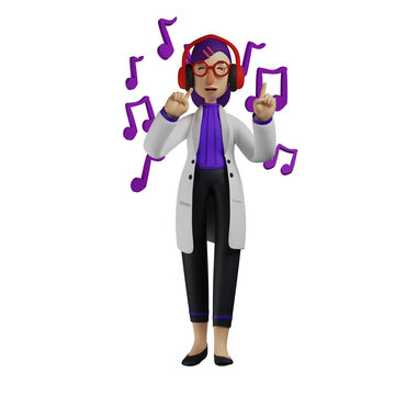 3D illustration. Cute 3D Woman enjoying song from headphones. by dancing with joy. showing a happy expression. 3D Cartoon Character