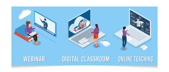 Set of 3D isometric E-learning platform, innovative education and online courses concept. Can use for web banner or infographics. Vector illustration eps10