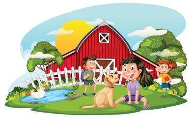 Farm scene with kids cartoon character