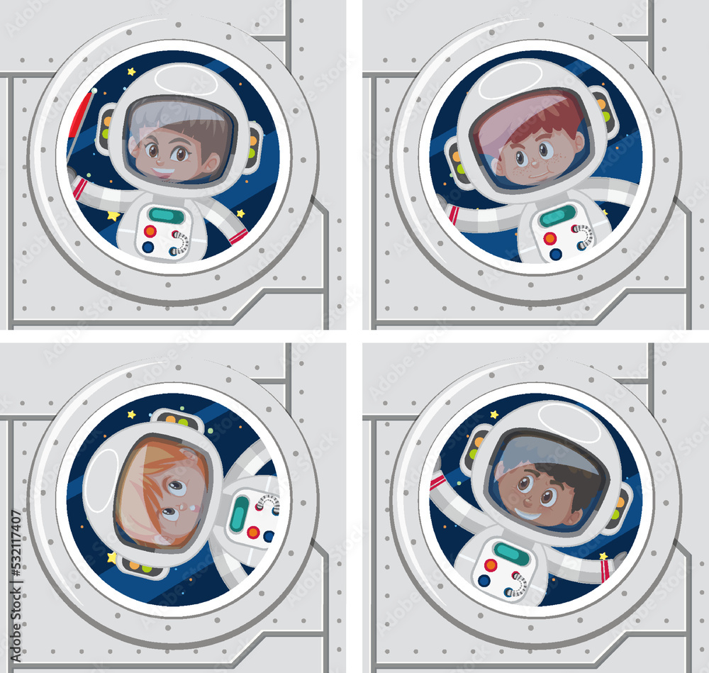 Wall mural set of different astronauts at spaceship windows