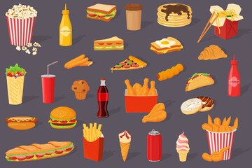 A set of fast food.Shawarma, hot dog, pizza,sandwiches,popcorn,ice cream, wings, thighs and croissant.Street food.Vector illustration on a gray background.