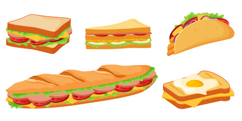 A set of sandwiches and toast.Juicy delicious sandwiches with bacon, cheese, sausage and vegetables.Vector illustration on a white background.