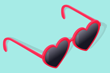 Red glasses in the shape of hearts on a green background .Isometric image of glasses in the shape of hearts .Vector illustration.