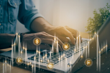 Casual Businessman Using or Typing Laptop and Currency Stock Market Bar Chart and Graph Trend in Vintage Tone
