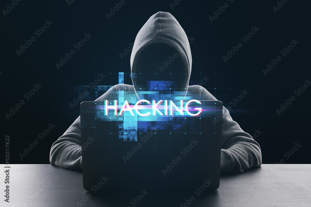 Poster Hacker using laptop at desktop with abstract glowing big data glitch on black background. Hacking and theft concept. Unique Design Abstract Digital Pixel Noise Glitch Error Video Damage.