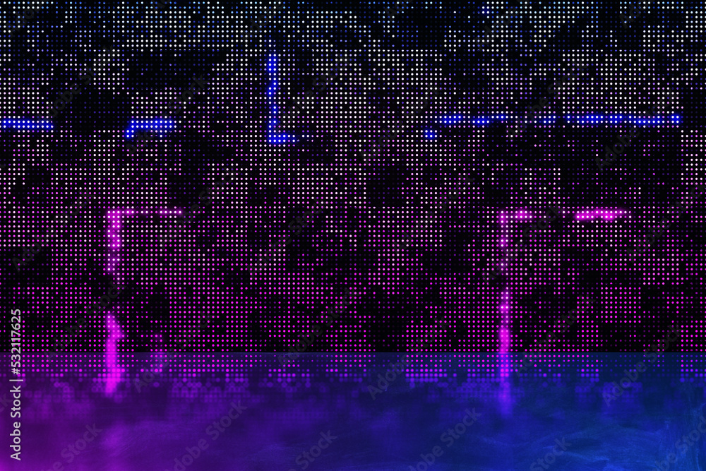 Poster abstract glowing pixel wall background. large led projection screens. 3d rendering.