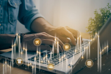 Casual Businessman Typing Laptop and Unstable Online Products Stock Market Bar Chart or Graph Trend in Vintage Tone