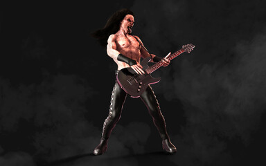 Obraz na płótnie Canvas 3d Illustration Devil pose and plays an electric guitar surrounded on dark background with clipping path. Death Rock Musician. Hard rock party and Halloween Project. 