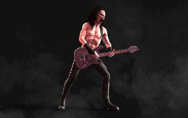 Fototapeta na wymiar 3d Illustration Devil pose and plays an electric guitar surrounded on dark background with clipping path. Death Rock Musician. Hard rock party and Halloween Project. 