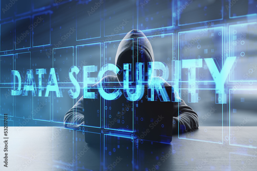 Aufkleber Hacker using laptop in office with creative blue cubes data security text hologram on blurry background. Technology, hacking, theft, secure and information protection concept. Double exposure.