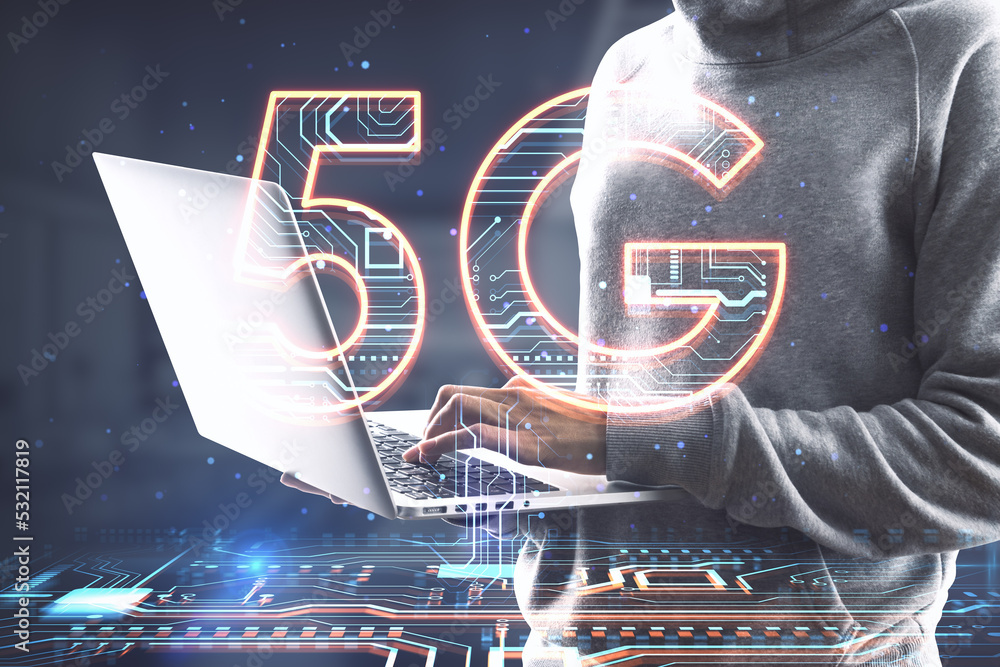 Poster close up of hacker hands using laptop with creative 5g hologram on blurry background. speed, interne