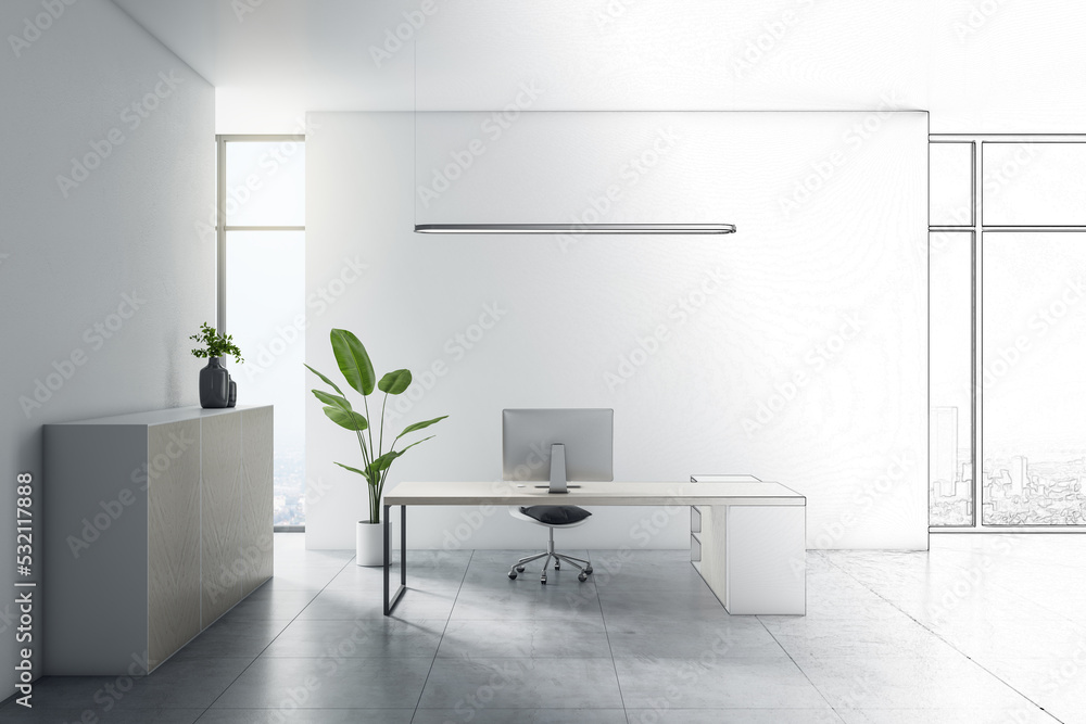 Poster sketch of modern white office interior with furniture and other objects. 3d rendering.