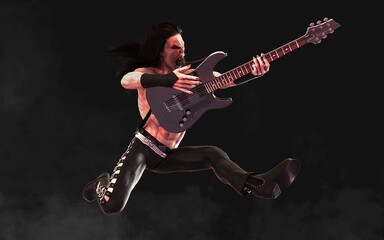 Fototapeta premium 3d Illustration Devil pose and plays an electric guitar surrounded on dark background with clipping path. Death Rock Musician. Hard rock party and Halloween Project. 