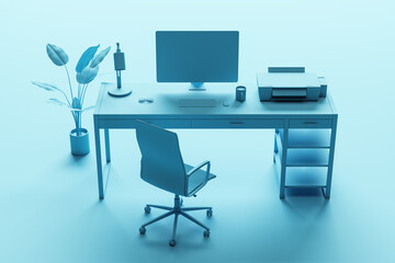 Abstract blue minimalistic designer workplace with furniture, computer monitor and other items. 3D Rendering.