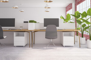 Luxury concrete, brick and wooden coworking office interior with empty computer monitor, partitions, furniture, decorative plant in flowerpot and window with city view and daylight. 3D Rendering.