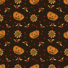 Autumn seamless vector pattern with pumpkins and fall leaves. Hand drawn illustration.
