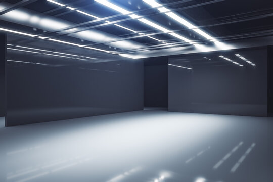 Bright futuristic gallery interior with mock up place. 3D Rendering.