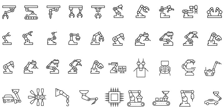 Industrial Robot, Icon Set. Mechanical Hydraulic Robotic Arm For Manufacturing, Linear Icons. Line With Editable Stroke