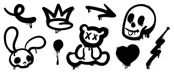 Set of black graffiti spray pattern. Collection of symbols, heart, crown, arrows, rabbit, bear, skull with spray texture. Elements on white background for banner, decoration, street art and ads. - obrazy, fototapety, plakaty