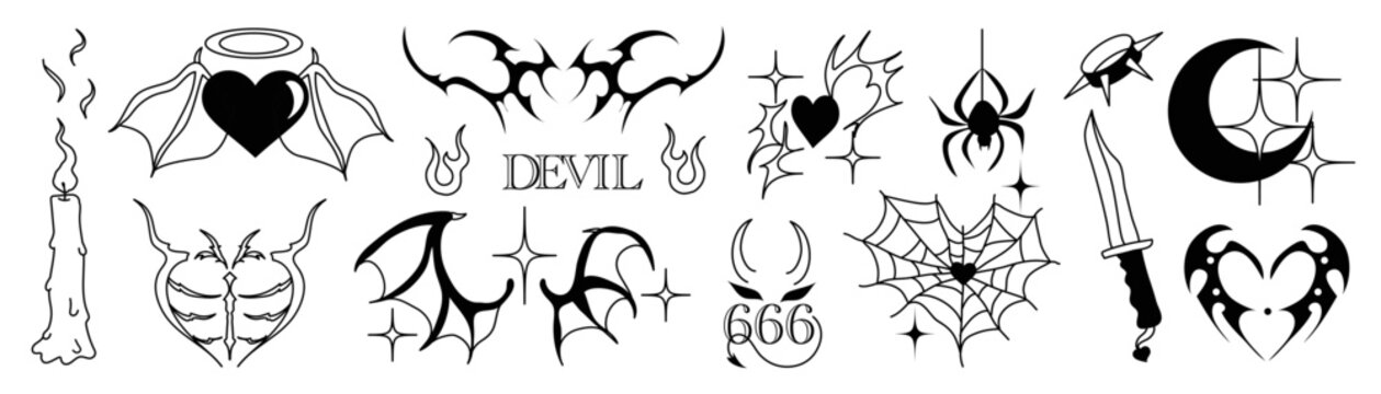 Set of y2k tattoo symbol vector on white background. Black trendy element design with heart, spider, knife, candle, devil wings. 90s hand drawn tattoo design for sticker, decorative, body paint.