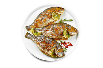 Fresh dorado marinated in spices. Close-up, selective focus. White background.