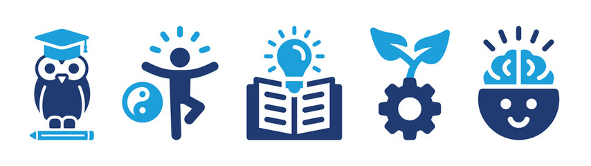 Wisdom icon set. Containing academy, study, idea, creative, improvement and brain icons. Education concept.