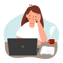 The school girl with laptop does difficult homework. The student with notebook is engaged, learning difficulties. Vector flat illustration. - obrazy, fototapety, plakaty