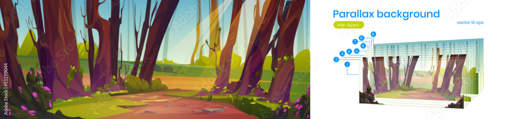 Poster parallax background cartoon summer nature landscape with dirt road in forest. vector template for ga