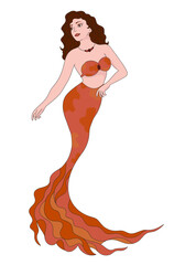 Illustration of a mermaid girl with brown hair and an orange tail and a necklace around her neck