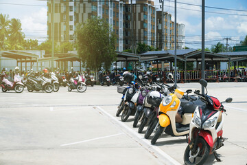 Motorbikes parked on the street, Parking area.