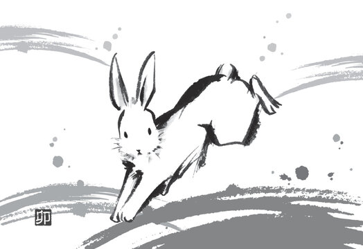 水墨画のウサギの年賀状テンプレート（モノクロ_文字なし）