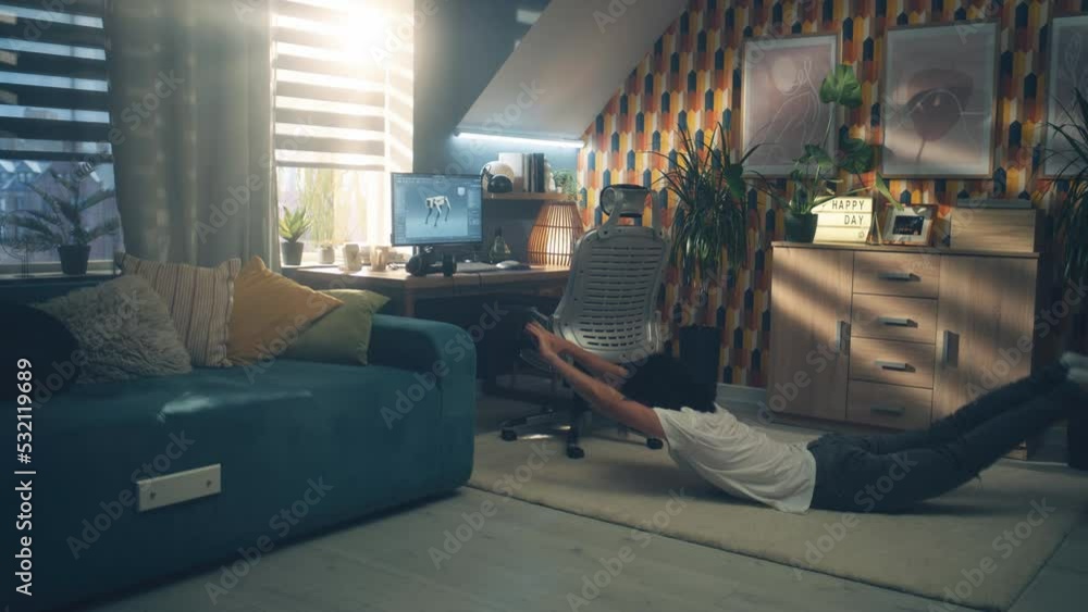 Aufkleber man work remotely on 3d modeling project on computer using professional program for video game devel