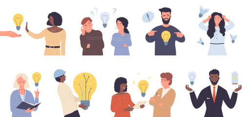 People think about creative ideas set vector illustration. Cartoon isolated happy man holding bright light bulb to create and find brilliant smart idea, sad woman with broken lamp and bad solution