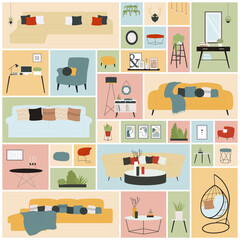 Furniture set for home apartment or office vector illustration. Cartoon living room decor collection with sofa and chair, modern couch with pillow and mirror, plants in square collage background