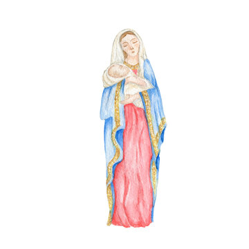 Madonna and child Jesus, Saint Virgin Mary holding baby Jesus Christ watercolor illustration isolated on white background. Nativity Christmas.