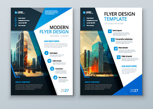 Flyer design. Corporate business report cover, brochure or flyer design. Leaflet presentation with abstract blue accent, polygonal shaped background. Modern poster magazine, layout, template. A4.