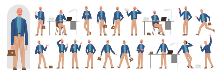 Male teacher character poses set vector illustration. Cartoon man with mustache and glasses walking with bag, standing and teaching in front, side and back view isolated white. Education concept