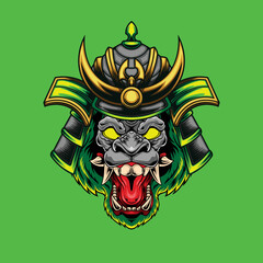 Vector illustration of gorilla wearing samurai mask with japanese style drawing