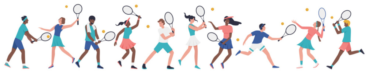 People play tennis, actions of players set vector illustration. Cartoon diverse group of man and woman holding rackets and playing, athletes jumping for ball during match isolated white. Game concept - obrazy, fototapety, plakaty