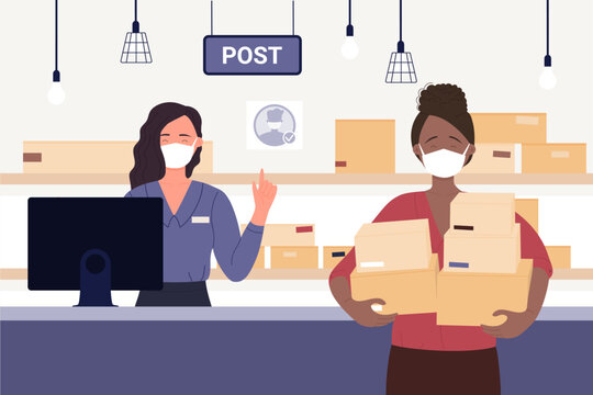 Woman Standing On Reception Of Post Office To Receive Or Send Pack Of Parcels Vector Illustration. Cartoon Female Postal Worker And Customer Wear Medical Face Masks Background. Safe Delivery Concept